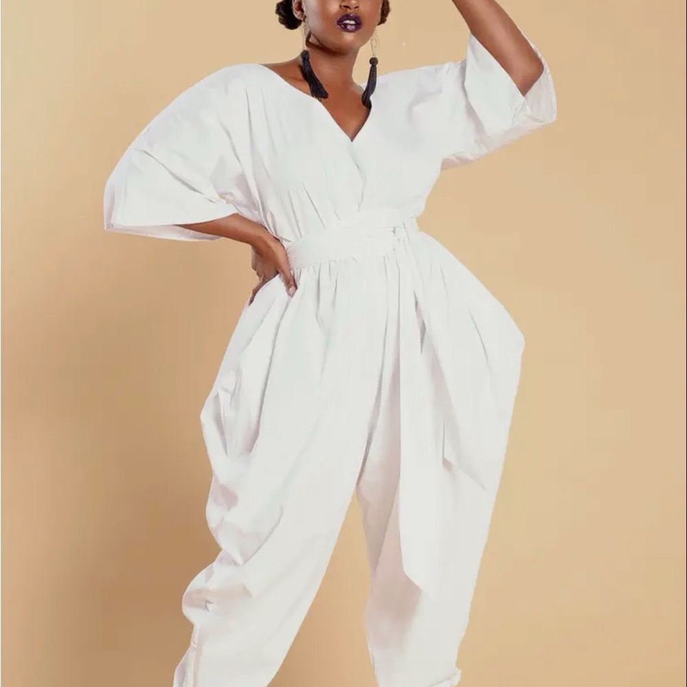 White V-Neck Elastic Waist Jumpsuit